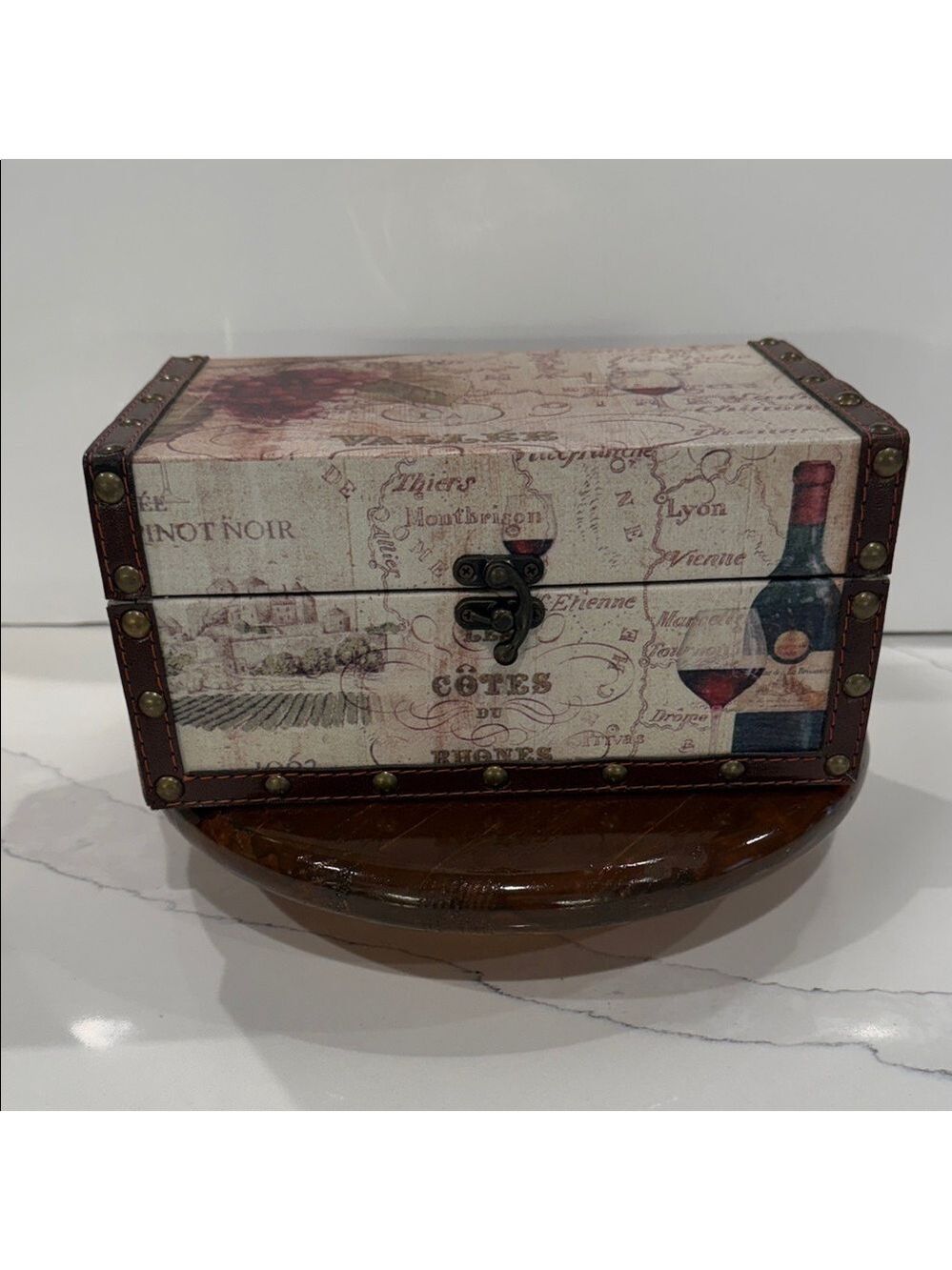 France Wine Country-Themed Decorative Wooden Storage Box, Faux Leather Straps